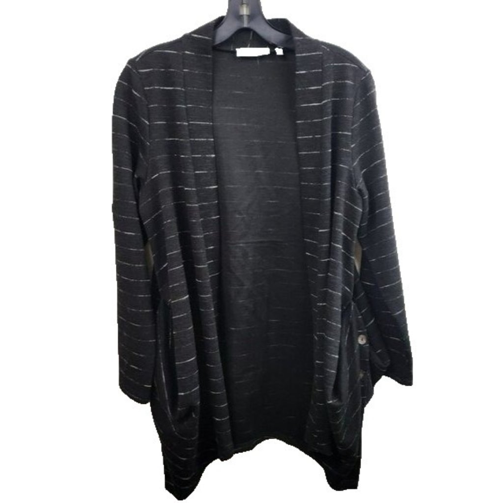 Patrizia Luca Womens Lagenlook Cardigan Medium Black Striped Button Accent Open